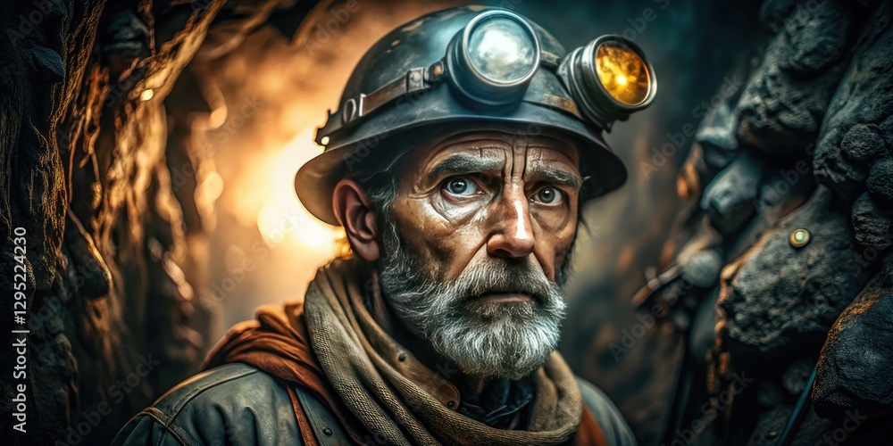 Underground Miner Portrait: Aerial Cave Photography, Gritty Realism, Dramatic Lighting Underground Miner Portrait: Aerial Cave Photography, Gritty Realism, Dramatic Lighting