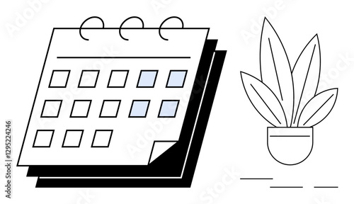 Calendar with highlighted dates and a potted plant. Ideal for time management, planning, organization, work-life balance, productivity, personal growth, mindfulness concepts. Simple abstract line