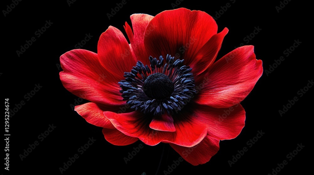 Fototapeta premium Vibrant red anemone flower close-up on black background
