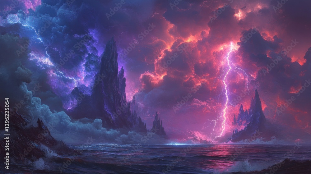 Naklejka premium Epic Stormy Seascape: Dramatic Lightning over Mysterious Mountains