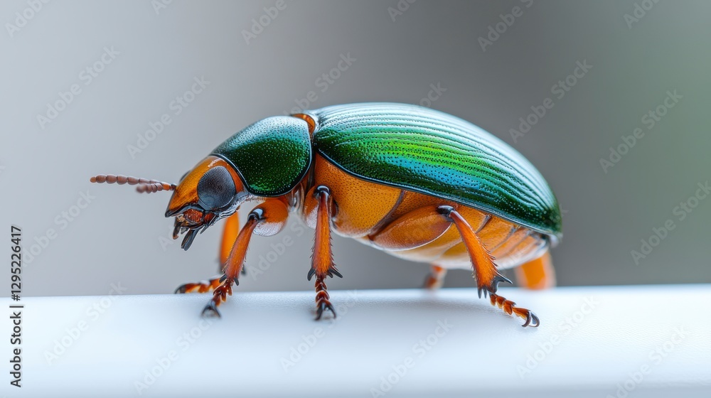 Naklejka premium Close-up of a vibrant green and orange beetle crawling on a white surface with soft background