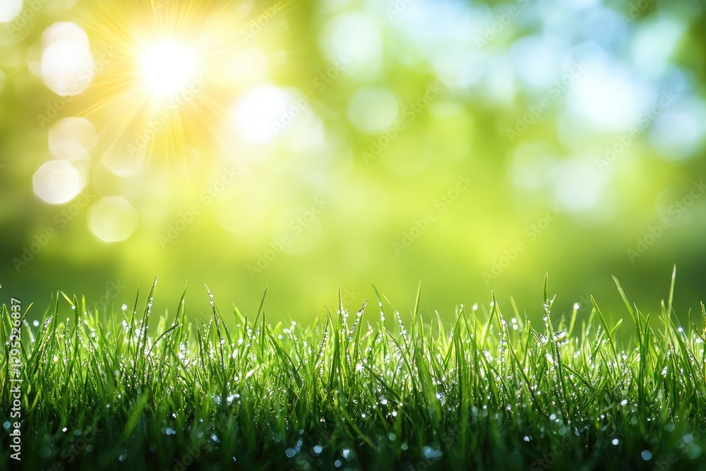 Sunlit Dew on Fresh Green Grass with Blurred Bokeh Background in Morning Light Sunlit Dew on Fresh Green Grass with Blurred Bokeh Background in Morning Light