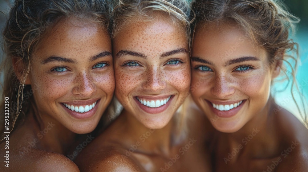 Three Smiling Young Women with Freckles in Natural Sunlight Three Smiling Young Women with Freckles in Natural Sunlight