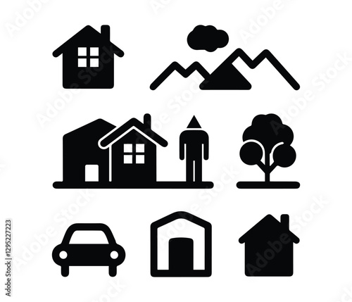 Simple Black and White Icons Representing Suburban Homes and Amenities