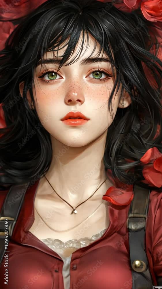 Young woman with dark hair surrounded by red rose petals in a soft, dreamy setting while wearing a casual outfit Young woman with dark hair surrounded by red rose petals in a soft, dreamy setting while wearing a casual outfit