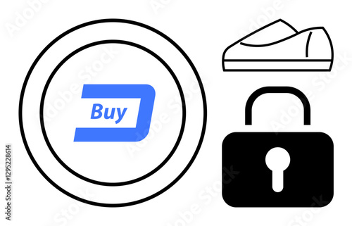 Blue Buy button with digital currency symbol, outline of a shoe, and a black padlock symbol. Ideal for e-commerce, online shopping, security, digital payments, fashion, fintech, consumer protection