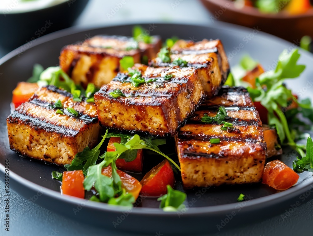 Grilled tofu slices with veggies bright kitchen food photography fresh ingredients side view healthy eating Grilled tofu slices with veggies bright kitchen food photography fresh ingredients side view healthy eating