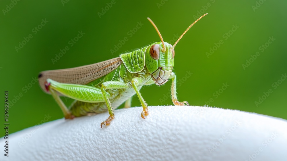Close-up of a vibrant green grasshopper perched on a white surface with a blurred green background Close-up of a vibrant green grasshopper perched on a white surface with a blurred green background