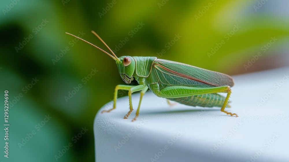 Close-up of a vibrant green grasshopper perched on a white surface with blurred greenery background Close-up of a vibrant green grasshopper perched on a white surface with blurred greenery background