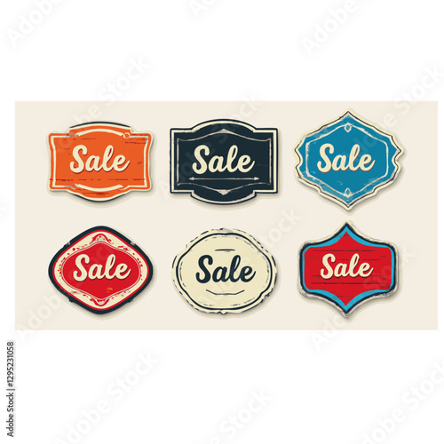 Vintage sale signs, simple retro design, orange red blue creme, old signs, elements set, for sale
