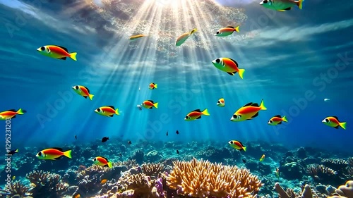 Underwater coral reef with sunlight rays and colorful fish