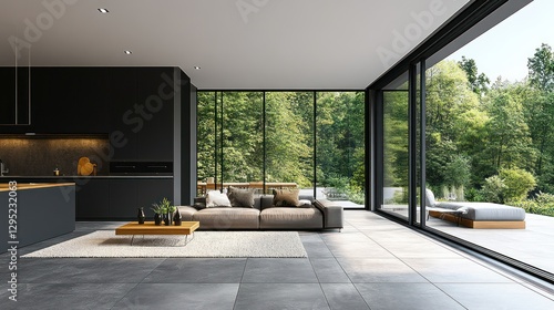 Fototapeta Naklejka Na Ścianę i Meble -  Modern open-plan living area with kitchen, forest view