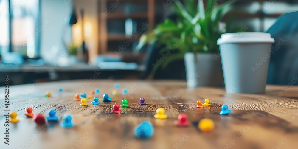 Colorful thumbtacks scattered on an office desk. Colorful thumbtacks scattered on an office desk.