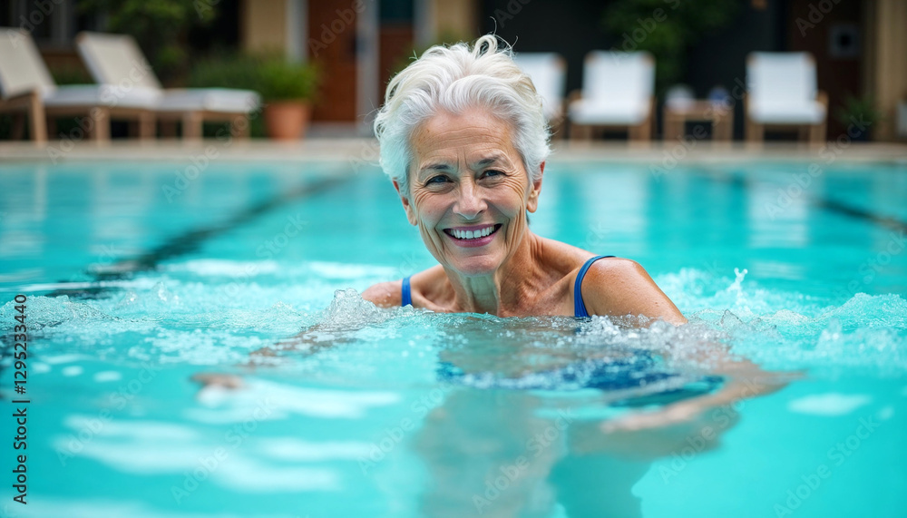 Fototapeta premium Senior woman swimming in a crystal-clear outdoor pool