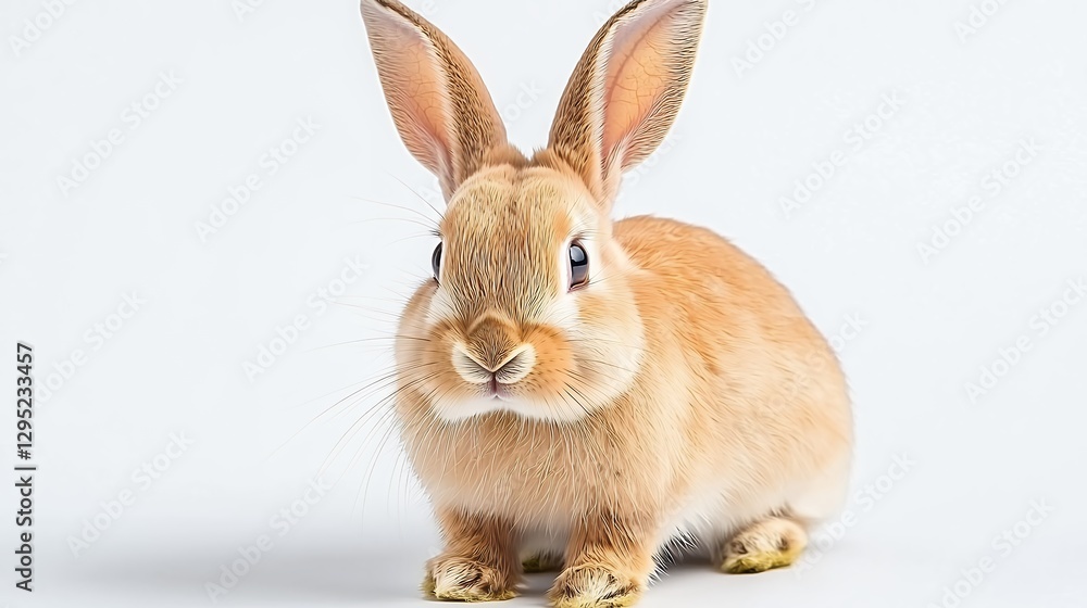 Fototapeta premium Light Brown Rabbit with Speckled Fur Sitting on White Background