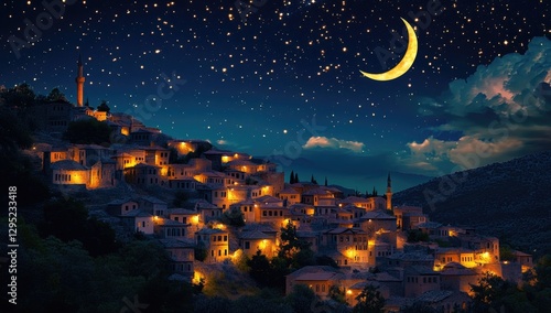 Nighttime village, starry sky, crescent moon (1) photo