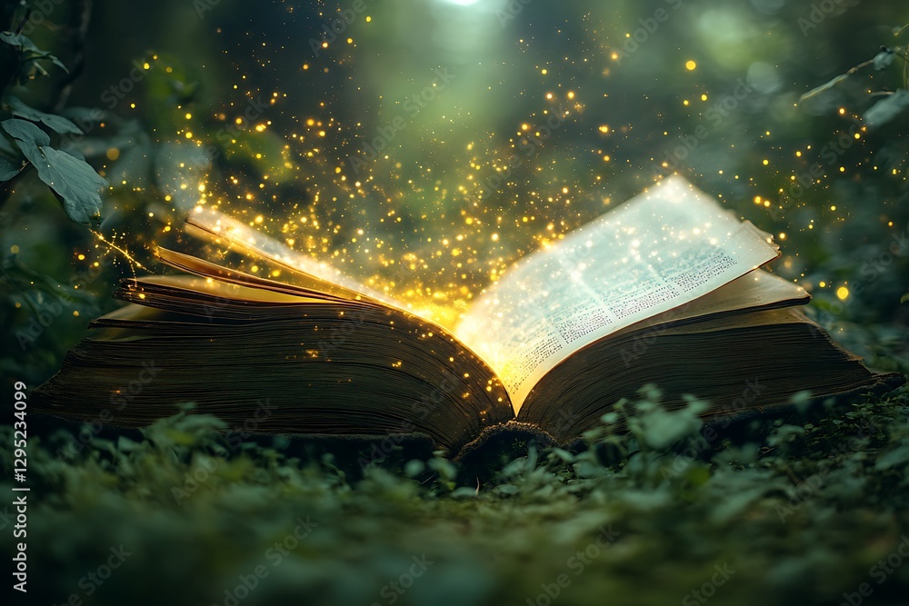 Fototapeta premium Magical book, forest, sparks, fantasy, cover