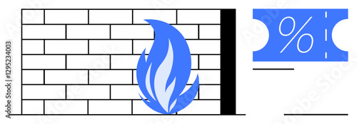 Blue flame against a brick wall representing firewall protection, accompanied by a discount coupon indicating promotional offers. Ideal for cybersecurity, online protection, network safety, digital