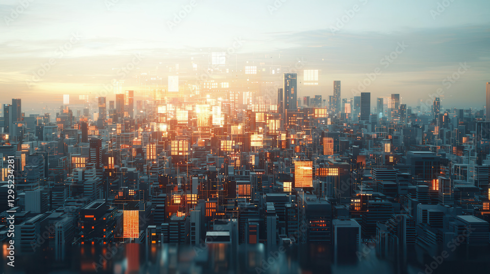 Fototapeta premium Futuristic smart city skyline with glowing holographic interfaces at sunset