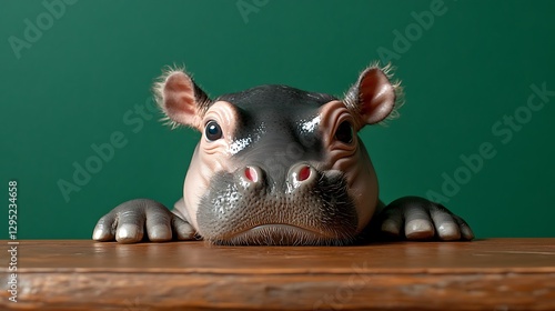 Hippo peeking, wooden table, green background, cute animal