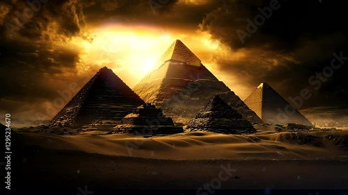 Mysterious Pyramids Under an Ominous Sky – Ancient Egypt. Seamless looping time-lapse virtual 4k video animation background