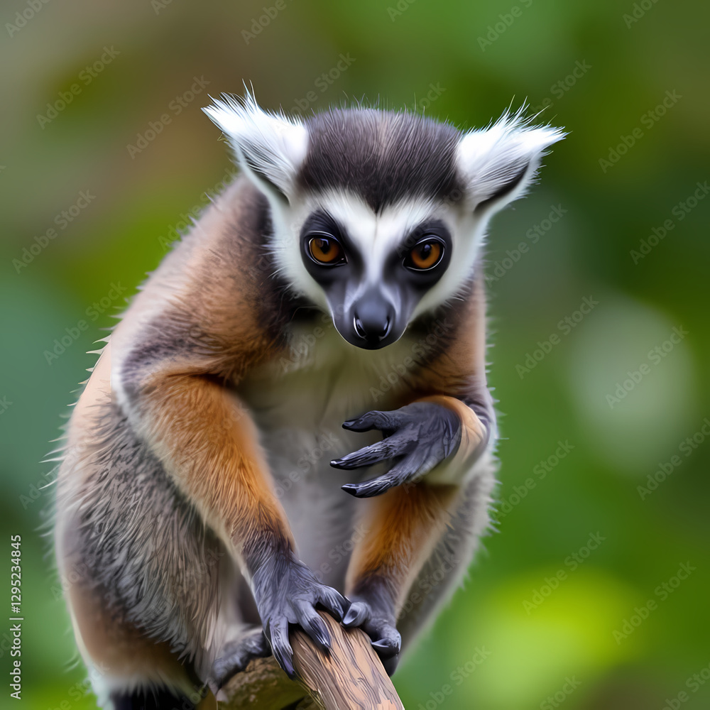 Obraz premium Curious Black-and-White Ruffed Lemur Clinging to Branch / Lémur rufo blanco y negro curioso aferrado a la rama