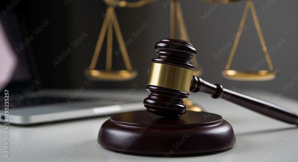 Gavel and Scales of Justice on Desk with Laptop. Gavel resting on sounding block near scales of justice. Legal and justice concept with gavel scales and laptop Gavel and Scales of Justice on Desk with Laptop. Gavel resting on sounding block near scales of justice. Legal and justice concept with gavel scales and laptop