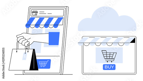Hand holding shopping bags from smartphone screen and laptop under cloud. Ideal for digital shopping, mobile apps, e-commerce, online retail, virtual stores, cloud computing, internet commerce