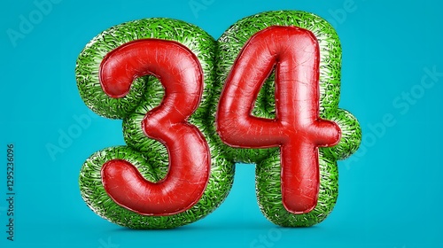 Red and Green Textured Number 34 on Light Blue Background photo