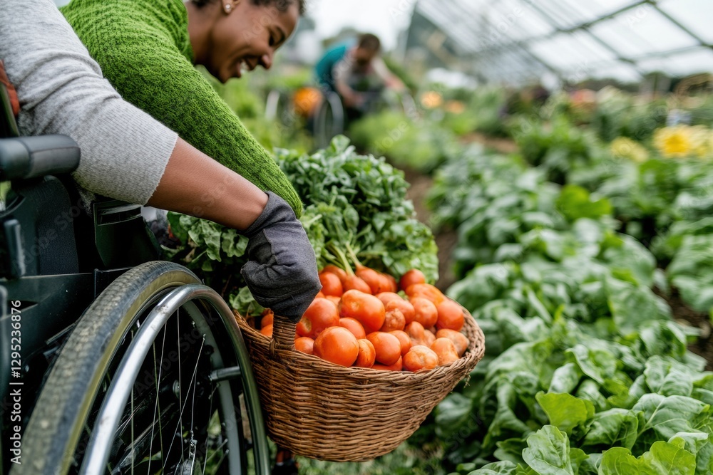 Fototapeta premium Inclusive Urban Farming Adaptive Greenhouse Harvesting - Empowering Sustainable Living Through Accessible Agriculture and Community Wellness