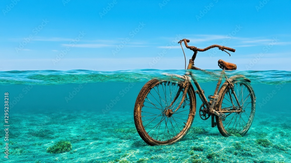 Fototapeta premium Submerged Rusty Bicycle in Clear Ocean Water