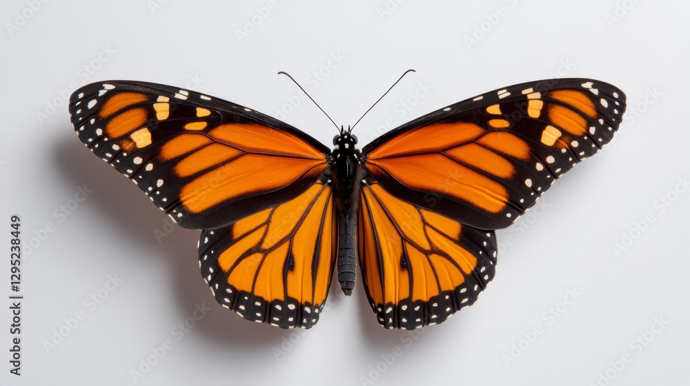 Fototapeta premium Close-up view of a vibrant Monarch butterfly showcasing its intricate wing patterns against a plain background