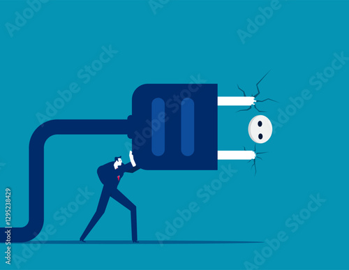Man trying to push giant plug into wall. Business vector concept
