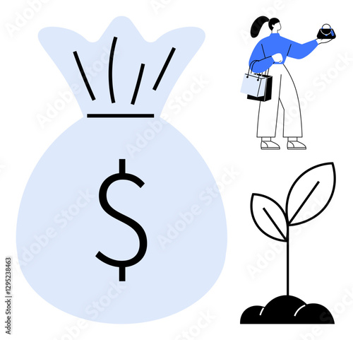 Large money bag with dollar sign alongside a person shopping and a small sprouting plant symbolizing growth. Ideal for finance, investment growth, savings, economic development, wealth, capitalism