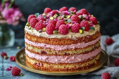 Wallpaper Mural beautiful layered rose pistachio cake with natural creamy frosting, decorated with fresh raspberries and pistachios on top Torontodigital.ca
