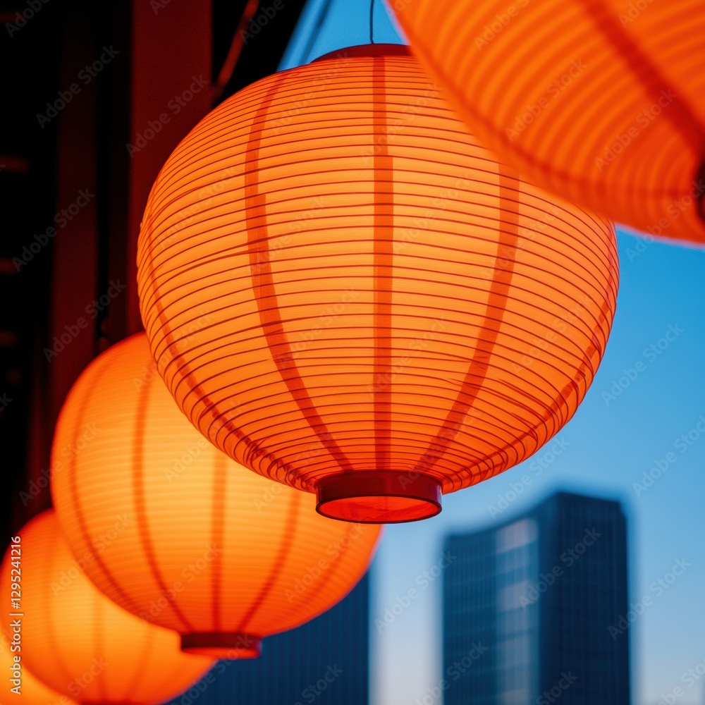 Obraz premium Vibrant Cultural Fusion Immersive Asian-Inspired Paper Lantern Lighting Design for Modern Urban Atmospheres and Event Branding Experiences
