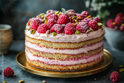 Wallpaper Mural beautiful layered rose pistachio cake with natural creamy frosting, decorated with fresh raspberries and pistachios on top Torontodigital.ca