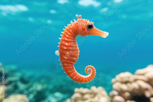 Oceanic Biodiversity Visualization Vibrant Coral Seahorse in Pristine Turquoise Waters - Marine Ecology Education and Climate Resilience Content