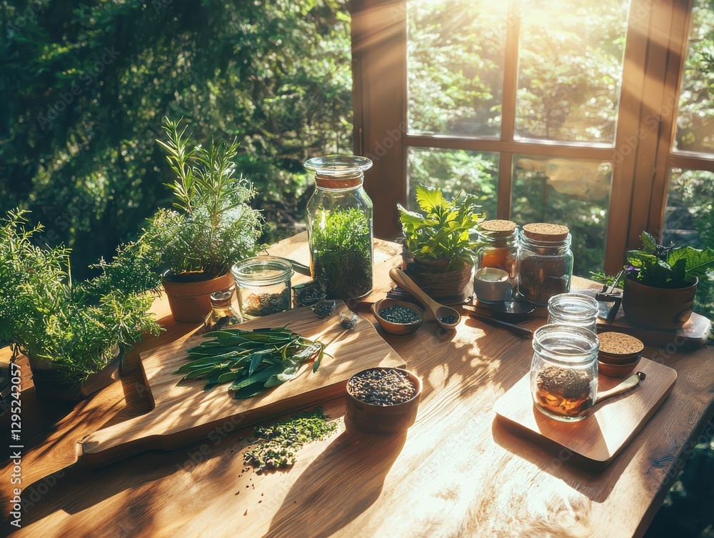 Fototapeta premium Herbal remedies displayed on a wooden table with warm candlelight captured from above in a cozy setting