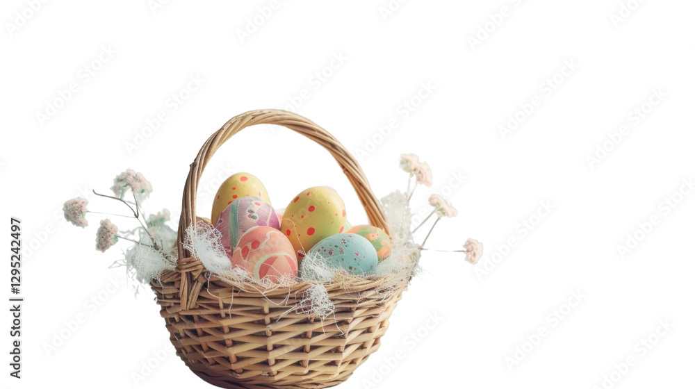 Wicker basket overflowing with colorful easter eggs and delicate flowers on transparent background Wicker basket overflowing with colorful easter eggs and delicate flowers on transparent background