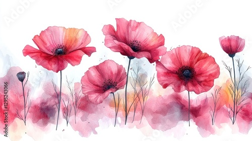 Watercolor Red Poppies Border Floral Design