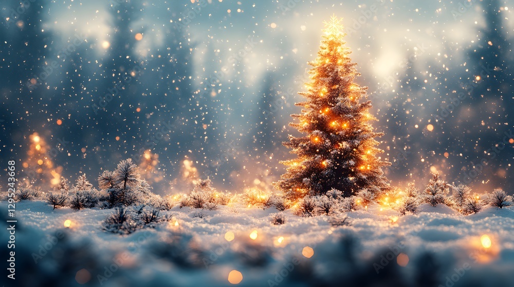 Naklejka premium Scenic Winter Landscape with Decorated Christmas Tree and Snowflake-Adorned Pine Branches – Generative AI
