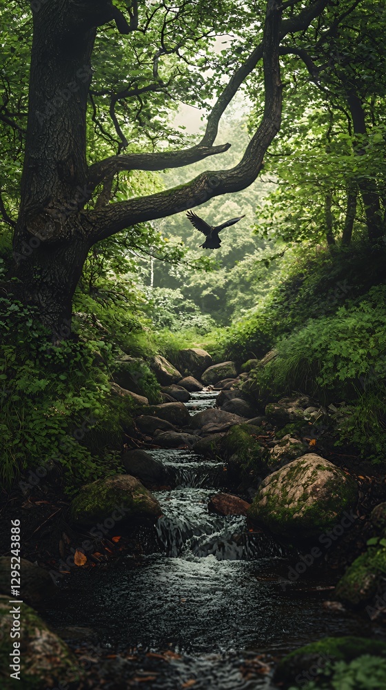 Obraz premium Dark Lush Forest Stream with Bird in Flight