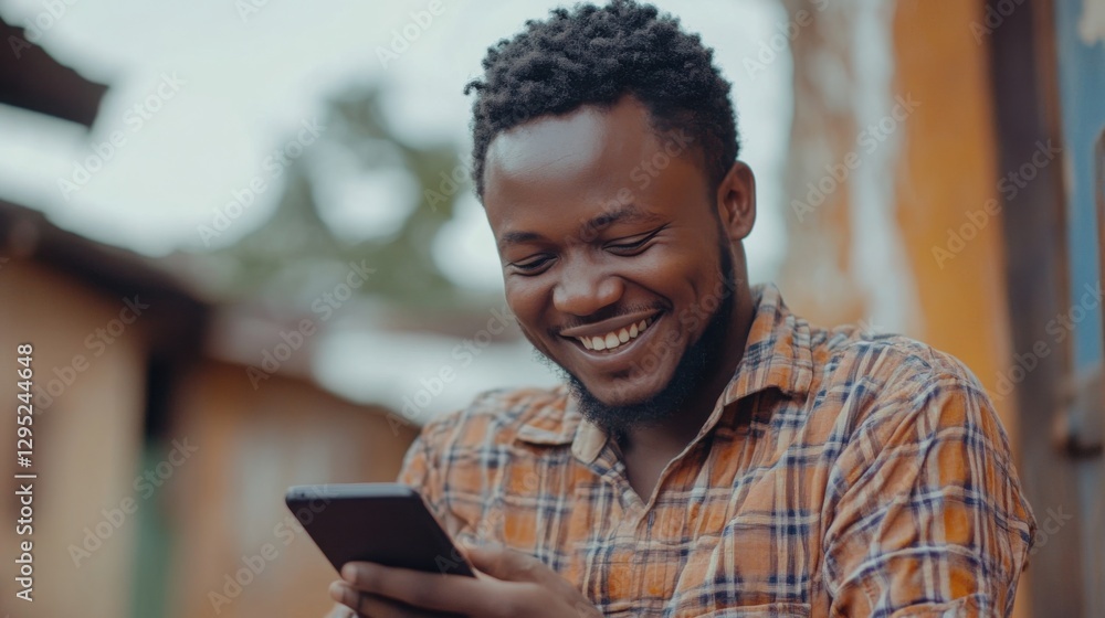 A man smiling while looking at his smartphone, enjoying good news or a happy message --ar 16:9 A man smiling while looking at his smartphone, enjoying good news or a happy message --ar 16:9