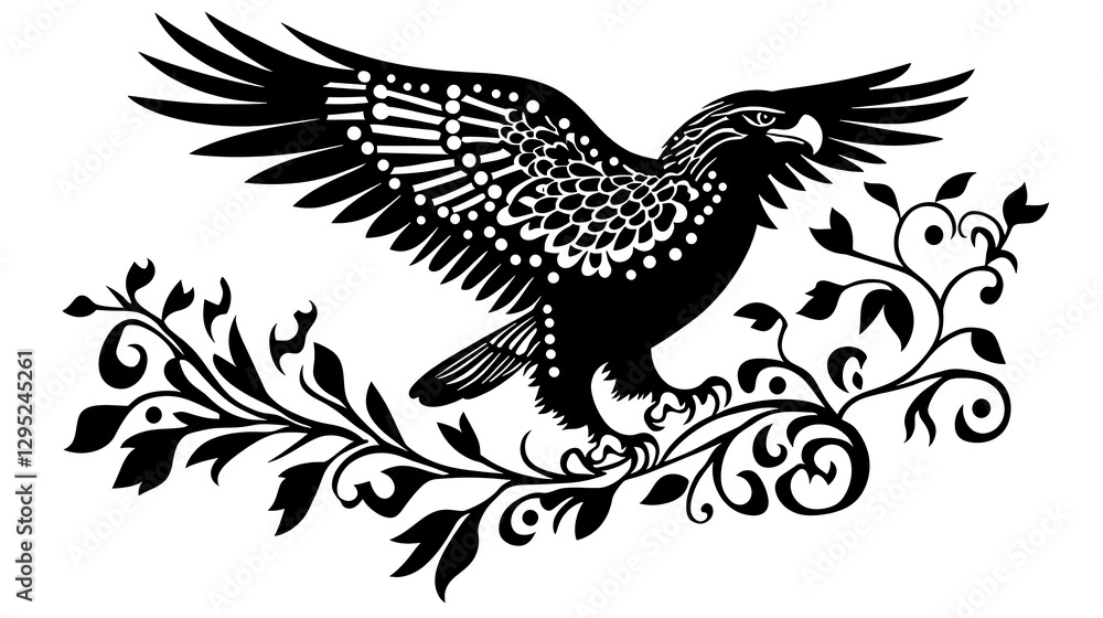 Fototapeta premium Elegant Black and White Illustration of an Eagle with Floral Accents