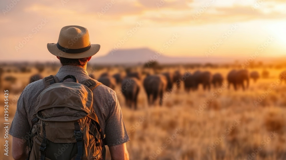 A man in a hat observes elephants in a vast savannah at sunset, showcasing the beauty of wildlife and nature. A man in a hat observes elephants in a vast savannah at sunset, showcasing the beauty of wildlife and nature.