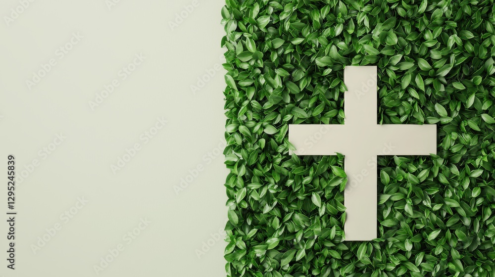 Fototapeta premium A green leafy background features a white cross, symbolizing health, wellness, or spirituality in a serene and natural setting.