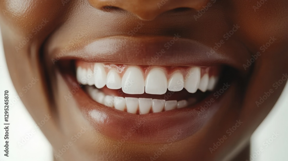 Close-up of a bright smile with perfect teeth, showcasing happiness and positivity against a clean white background Close-up of a bright smile with perfect teeth, showcasing happiness and positivity against a clean white background