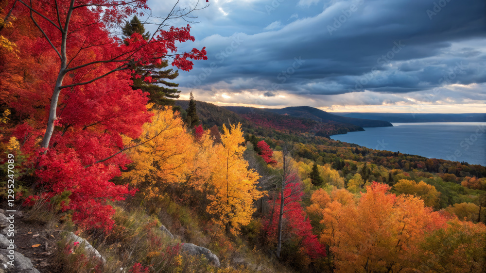Vibrant autumn foliage with red, orange, and yellow leaves by lake Vibrant autumn foliage with red, orange, and yellow leaves by lake