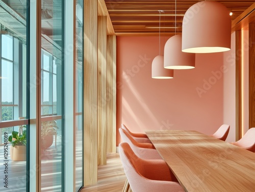 Biophilic Workspace Design Soft Terracotta Minimalist Meeting Room with Natural Timber and Glass - Innovative Corporate Wellness Environment photo